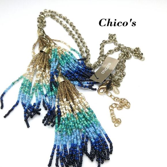 Chico's Blue Green Gold Seed Bead 3 Tassel Necklace, New With Tags, 36 Inches - Picture 3 of 12